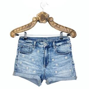 American Eagle Jean Shorts Daisy Floral Embroidered Denim Rolled Cuff High Rise